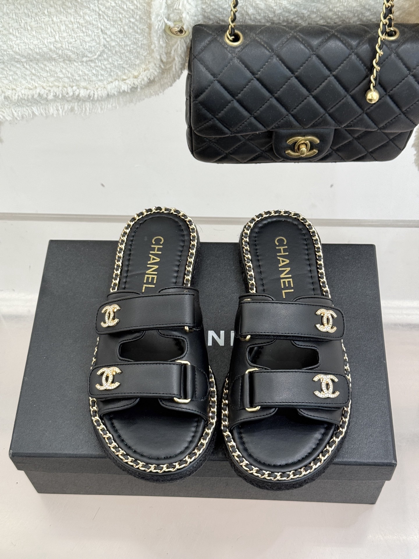 Chanel Black CC Double Breasted Flat Slippers Sandals