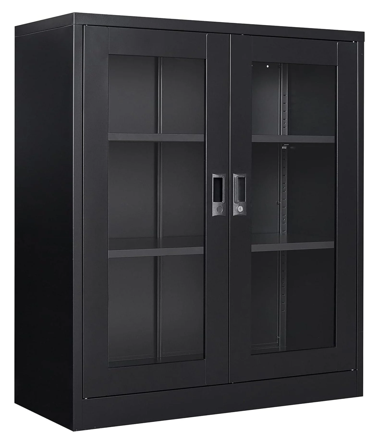 saney Black Metal Storage Cabinet with Doors and Shelves,Glass Cabinet Display Cabinet with Glass Doors,Office Cabinet with Storage Shelves and Double Doors, for Garage and Utility Room, Home Office
