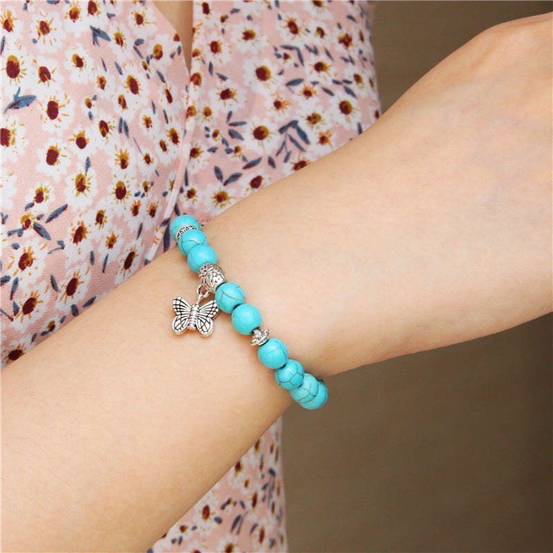 KISS10-Natural Turquoise Beaded Bracelet with Butterfly Charm