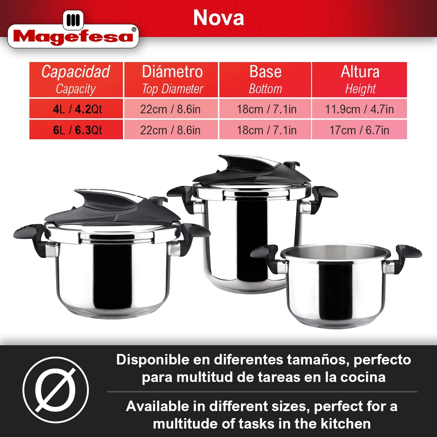 Magefesa Nova 4.2 Qt Stovetop Pressure Cooker �?Fast Cooking, Easy Locking, 18/10 Stainless Steel, Induction Compatible, 5 Safety Features, 11.6 PSI