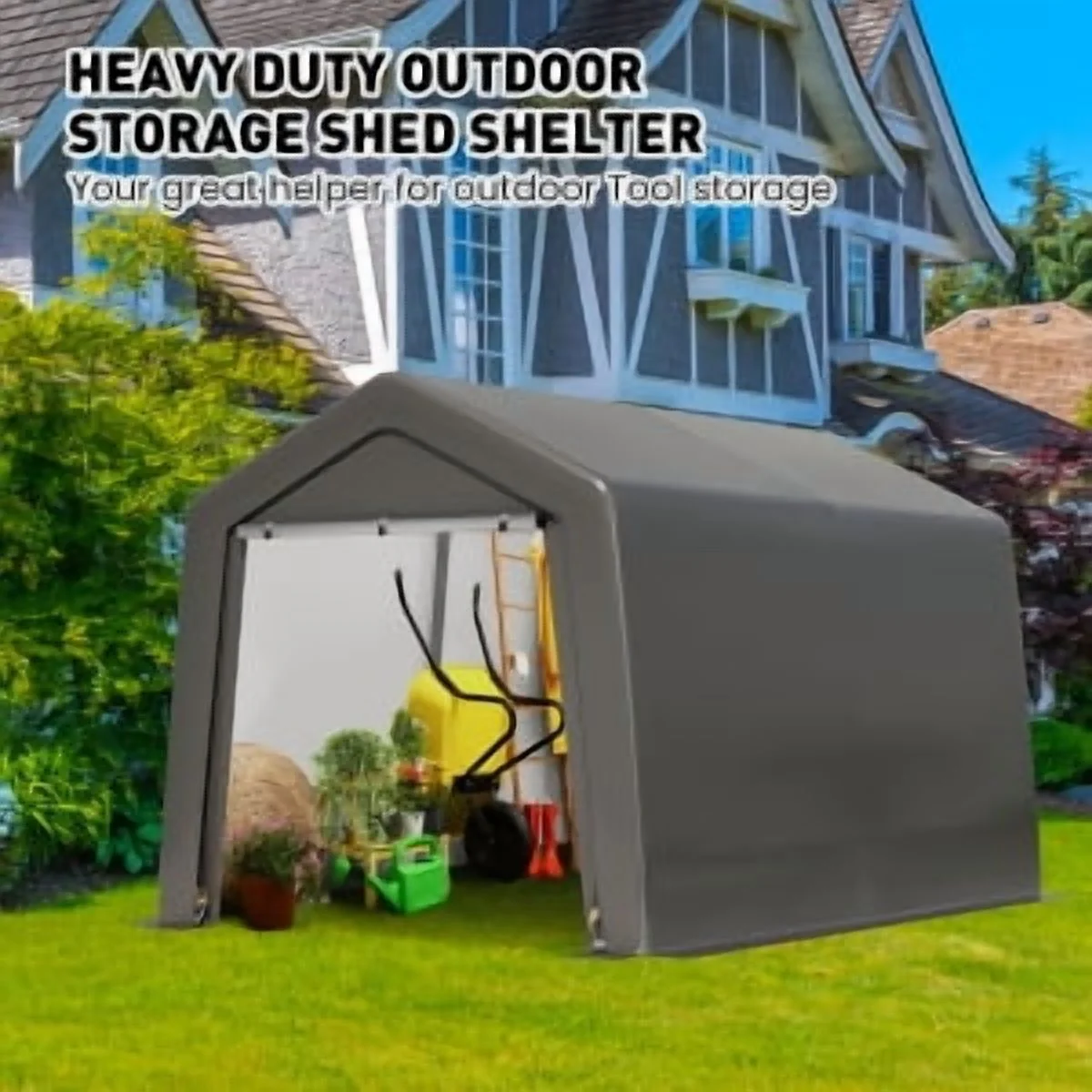 Trilenars 8*12*7.7FT Outdoor Portable Storage Shelter Shed,Waterproof and UV Resistant Portable Garage Kit Tent with Rolled Up Zipper Doors & Vents Carport for ATV,Motorcycle,Dark Gray