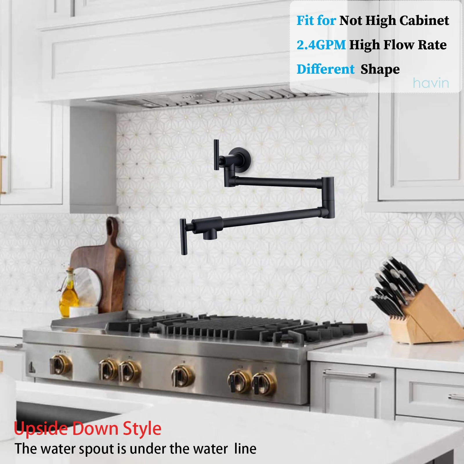 Havin Upside Down Design Pot Filler Faucet,Wall Mount Commercial Pot Filler, Kitchen Folding Faucet,Coffee Machine Faucet with Stretchable Double Joint Swing Arms, Matte Black