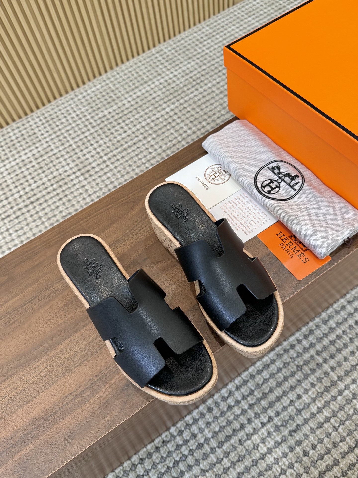 Hermès Black Smooth Leather H-Cutout Cork Sole Slide Sandal