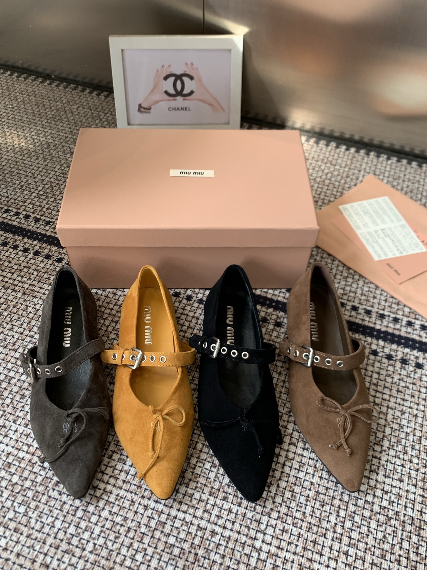 Miu Miu Suede Strap Pointed-Toe Ballet Flats