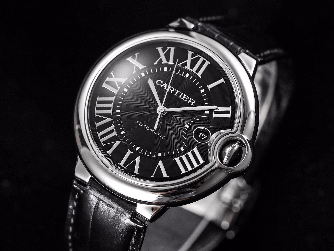 Cartier Watch BALLON BLEU 42 BLACK DIAL LEATHER BRACELET