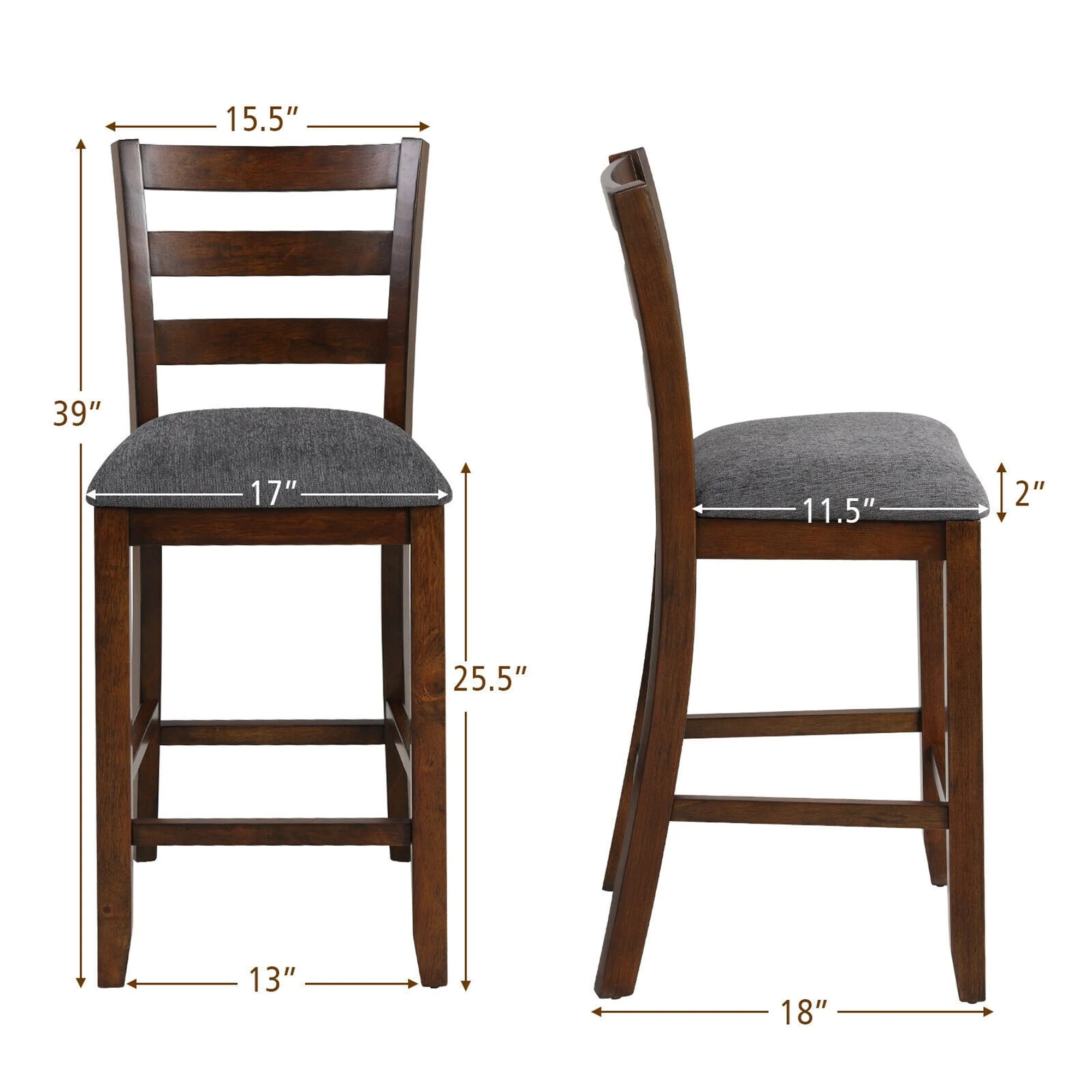 Gymax Set of 2 Barstools Counter Height Chairs w/Fabric Seat & Rubber Wood Legs