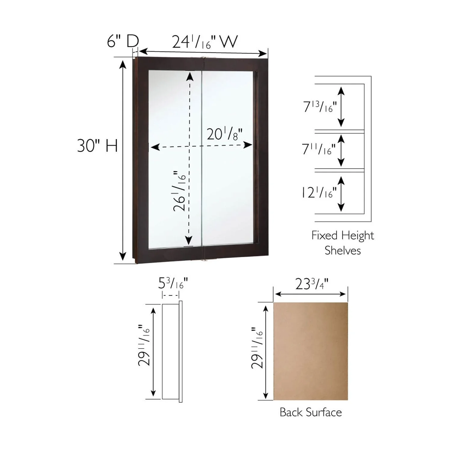 Design House Ventura 24"  Wall Mounted Mirrored Bathroom Medicine Cabinet, Espresso