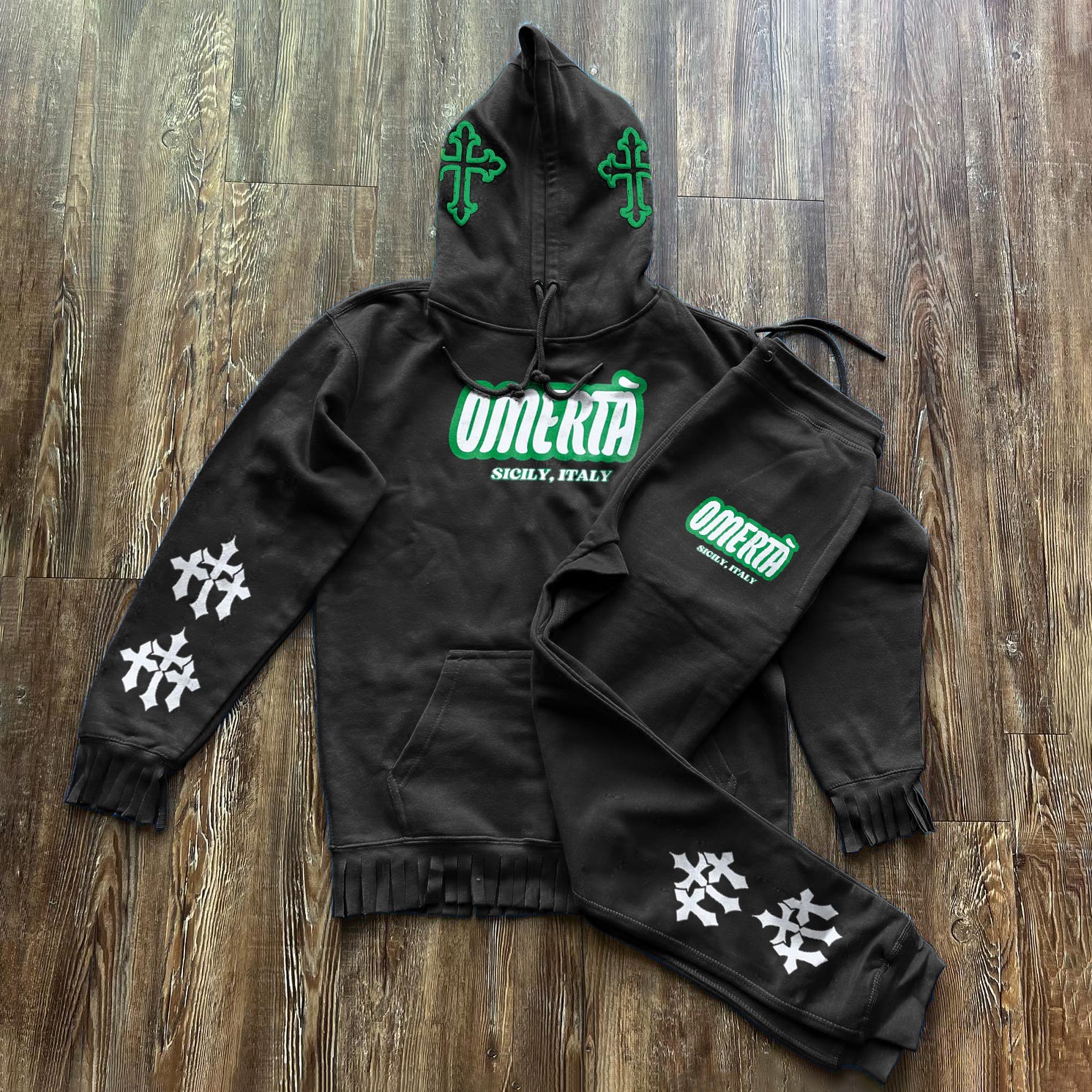 Branded street hip-hop fringe hem hoodie set