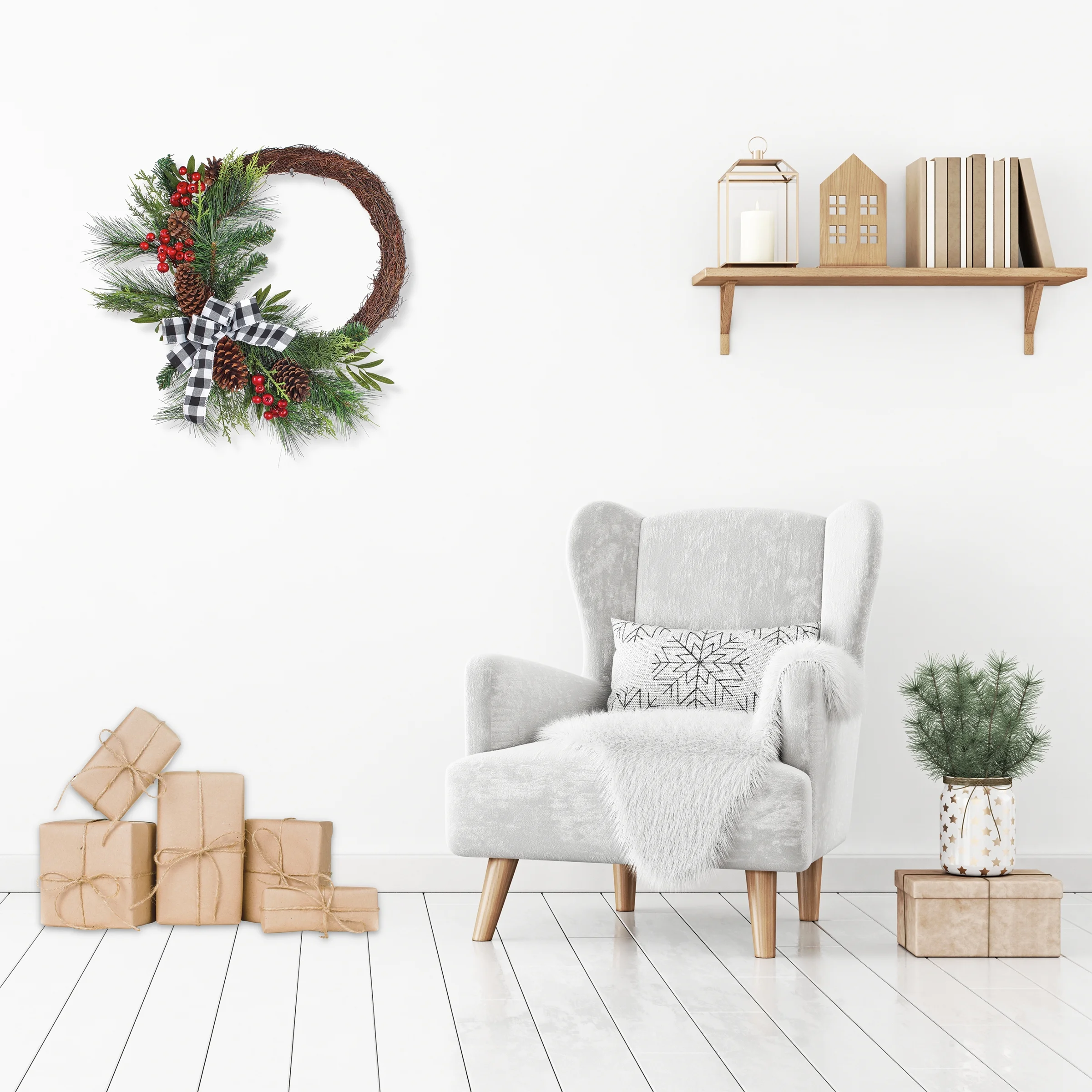 24 in. Artificial Christmas Wreath, Mixed Pine Berries, Buffalo Plaid Bow, Pine Cones, Red Berries