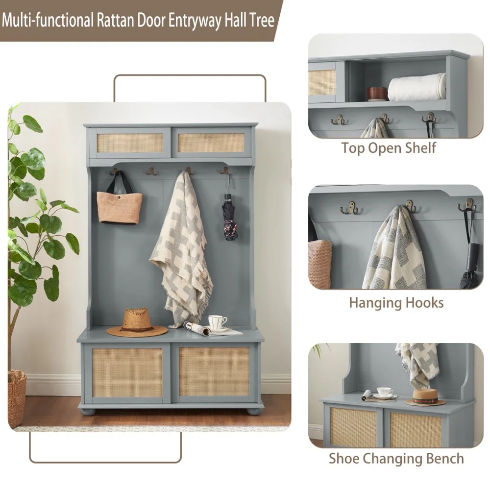Gzxs Hall Tree with Sliding Doors, Wooden Entryway Shoe Cabinet with Storage Bench and Adjustable Shelves, Mudroom Coat Rack with 4 Metal Hanger Hooks for Entryway, Living Room, Bedroom, Gray