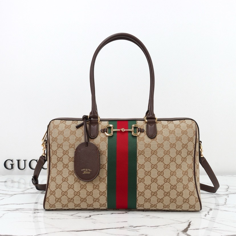 Gucci Borsetto Medium Boston Bag in Sand and Brown GG Canvas