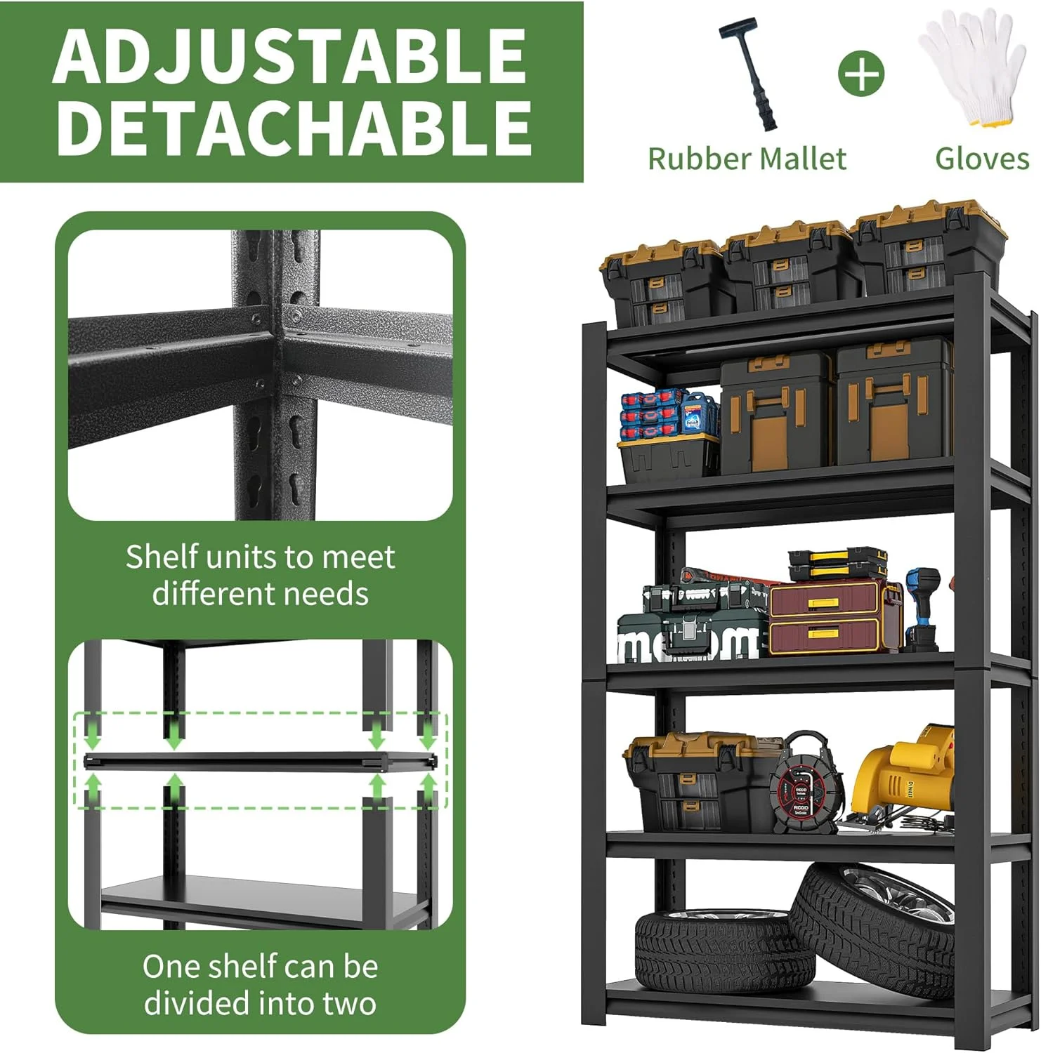 Garage Shelving, Garage Storage Shelves, 2500 LBS Heavy Duty Adjustable Metal Garage Shelves, Easy Assembly, Shelves for Garage Storage, Warehouse, Basement, Black