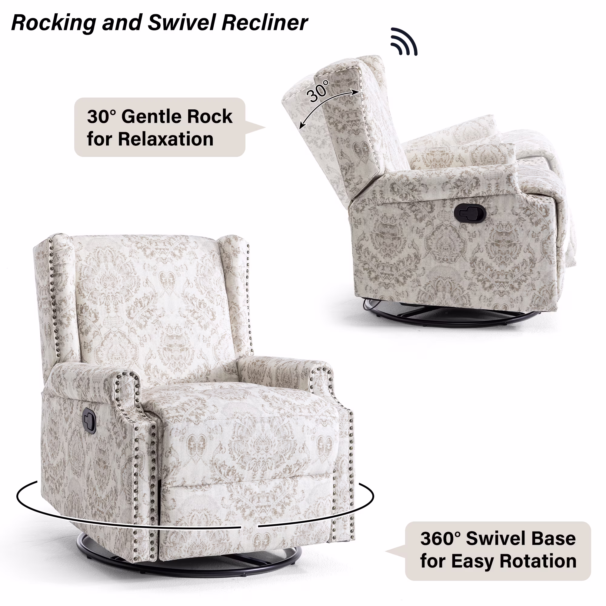 DREAMSIDEA Recliner Swivel Glider Rocker Nursery Chair for Adults, High Back Upholstered Rocking Armchair for Living Room, Manual Reclining Sofa Lounge Chair with Deep Seat in Fabric - Beige