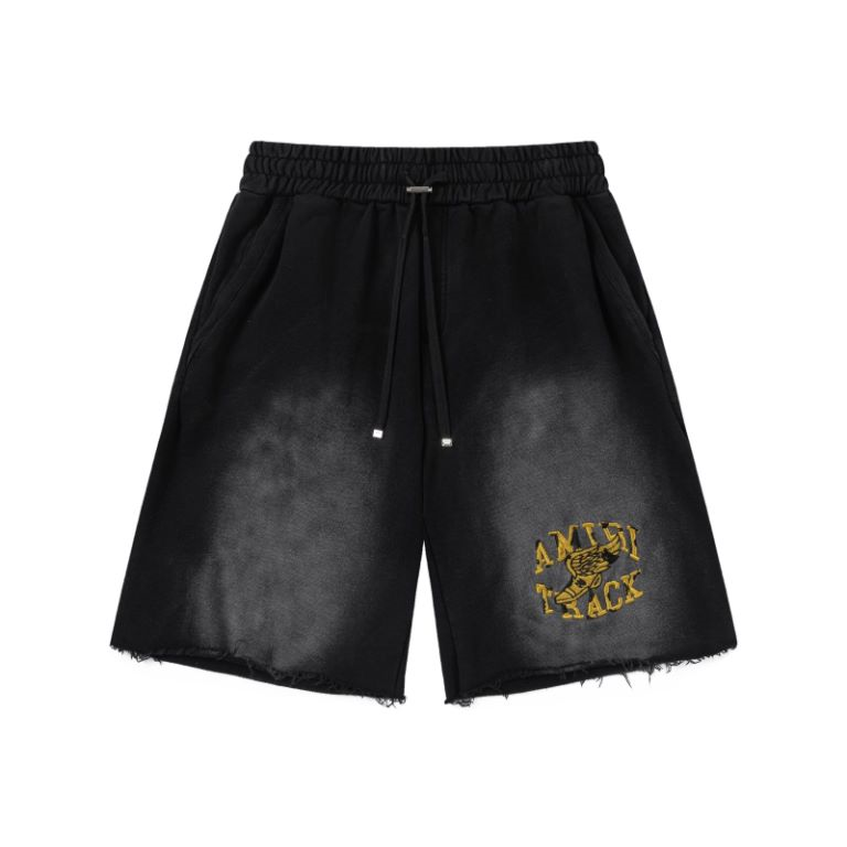Black washed yellow vintage-style letter logo printed shorts