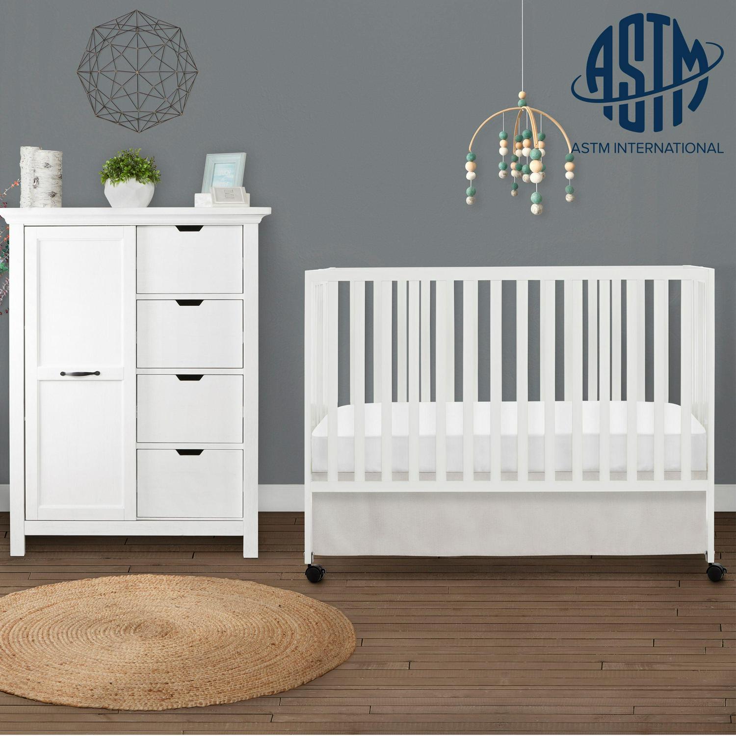 Dream On Me Quinn Full-Size Folding Crib. Removable Wheels. Modern Nursey. Adjustable Mattress Support. Patent Folding System in White
