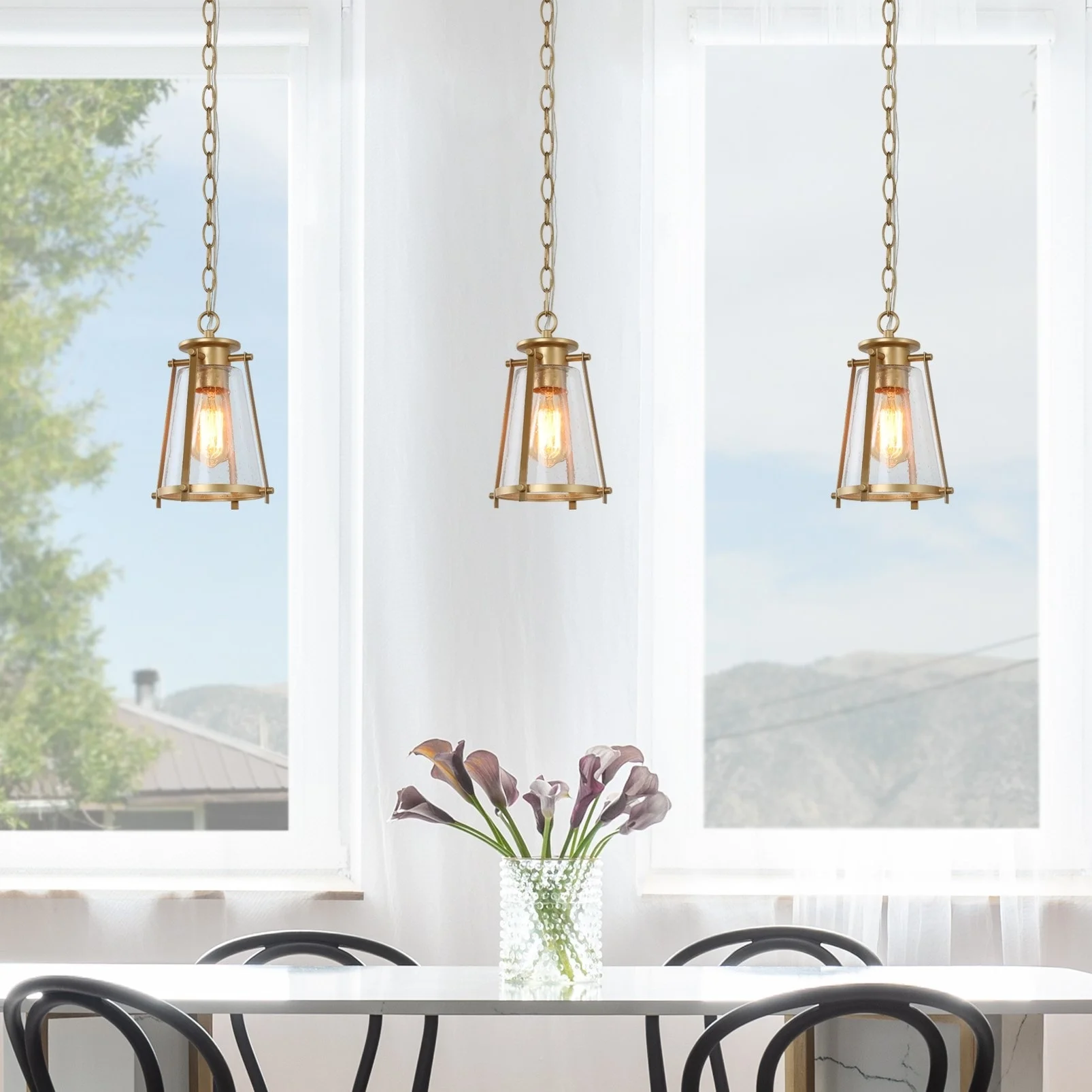 LNC Mid-Century Modern 1-Light Gold Lantern Glass Pendant Lights for Kitchen Island W 7.5