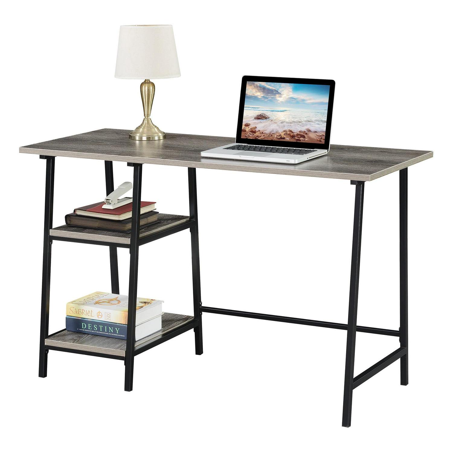 Designs2Go Trestle Desk in Weathered Gray Wood with Black Metal Frame