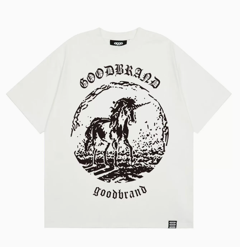 White vintage and minimalist short-sleeved shirt with mountain and river unicorn print