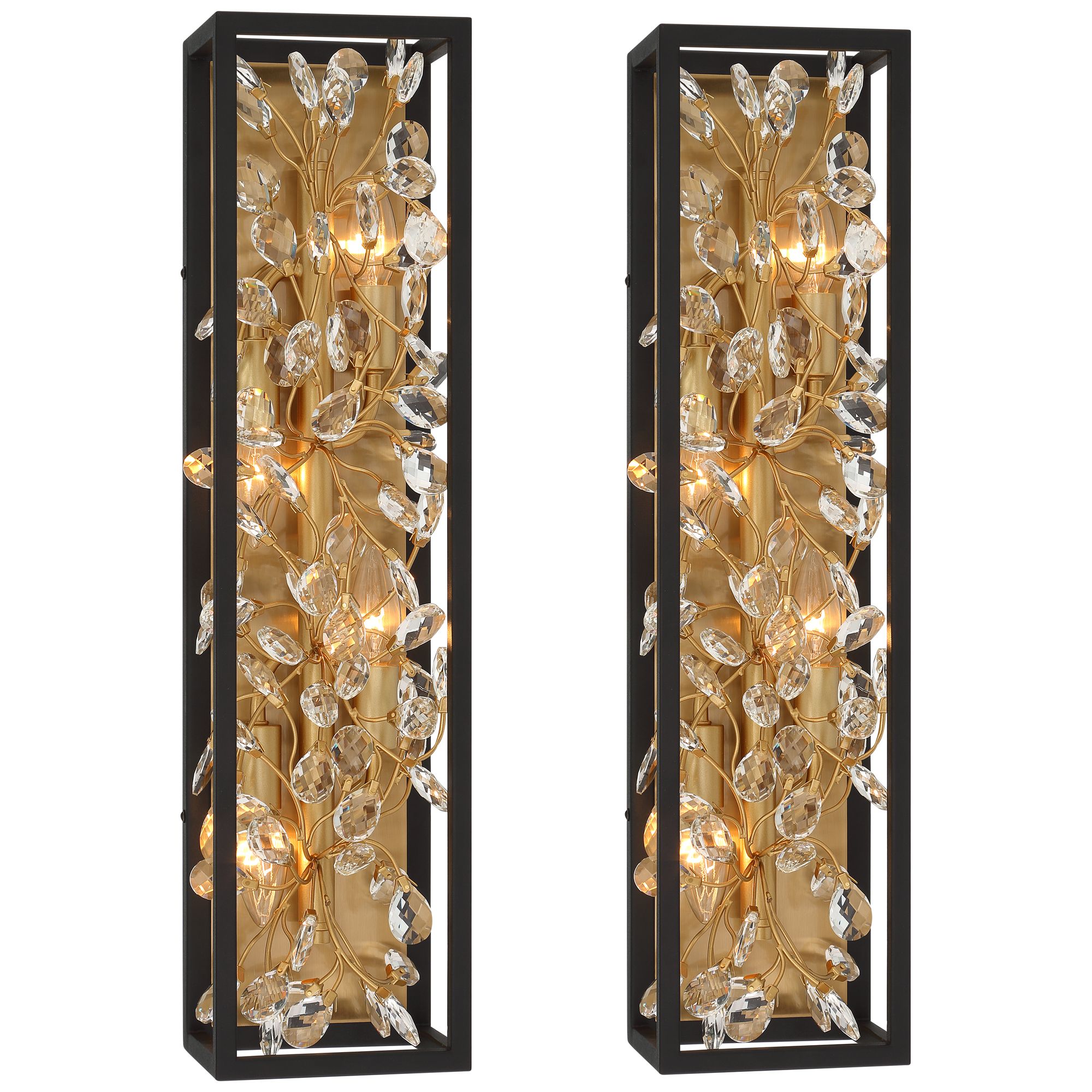 Possini Euro Design Modern Wall Lights Set of 2 Black Gold Plated Hardwired 6" 4-Light Fixture Clear Crystal Flower Vine for Bedroom Bathroom Vanity