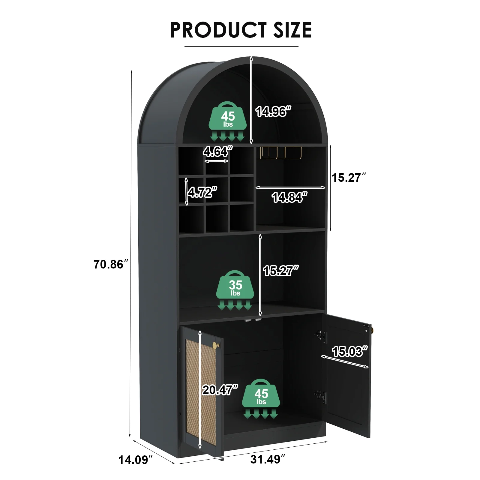COSVALVE 71" Arched Bar Cabinet with Glass Holder, Wine Rack, Shelves, Doors, Arch Bookshelf (Black)
