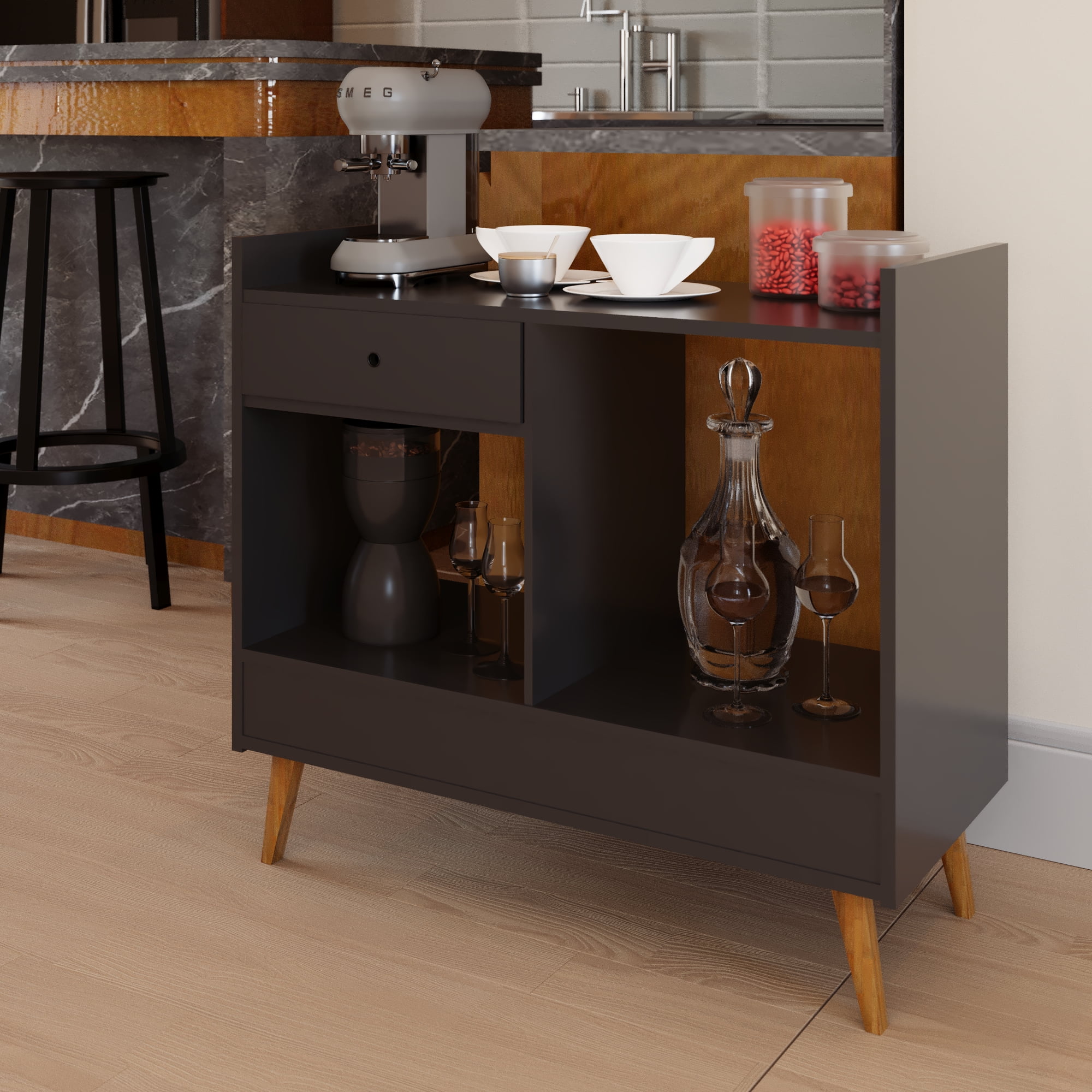 Ember Interiors Oxford Black Modern Bar Cabinet with Wine Storage, Drawer & Open Shelves C Compact Design for Living Room or Kitchen