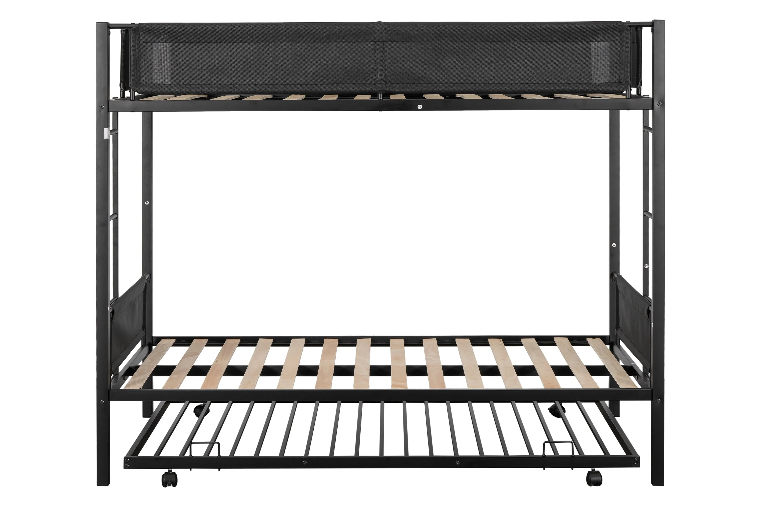 Muumblus Twin Over Twin Bunk Bed with Trundle, Metal Bed Frame with Safety Guard Rail and Ladders, Space Saving Design Bedroom Bunk Bed for Kids and Adults, Black, M926