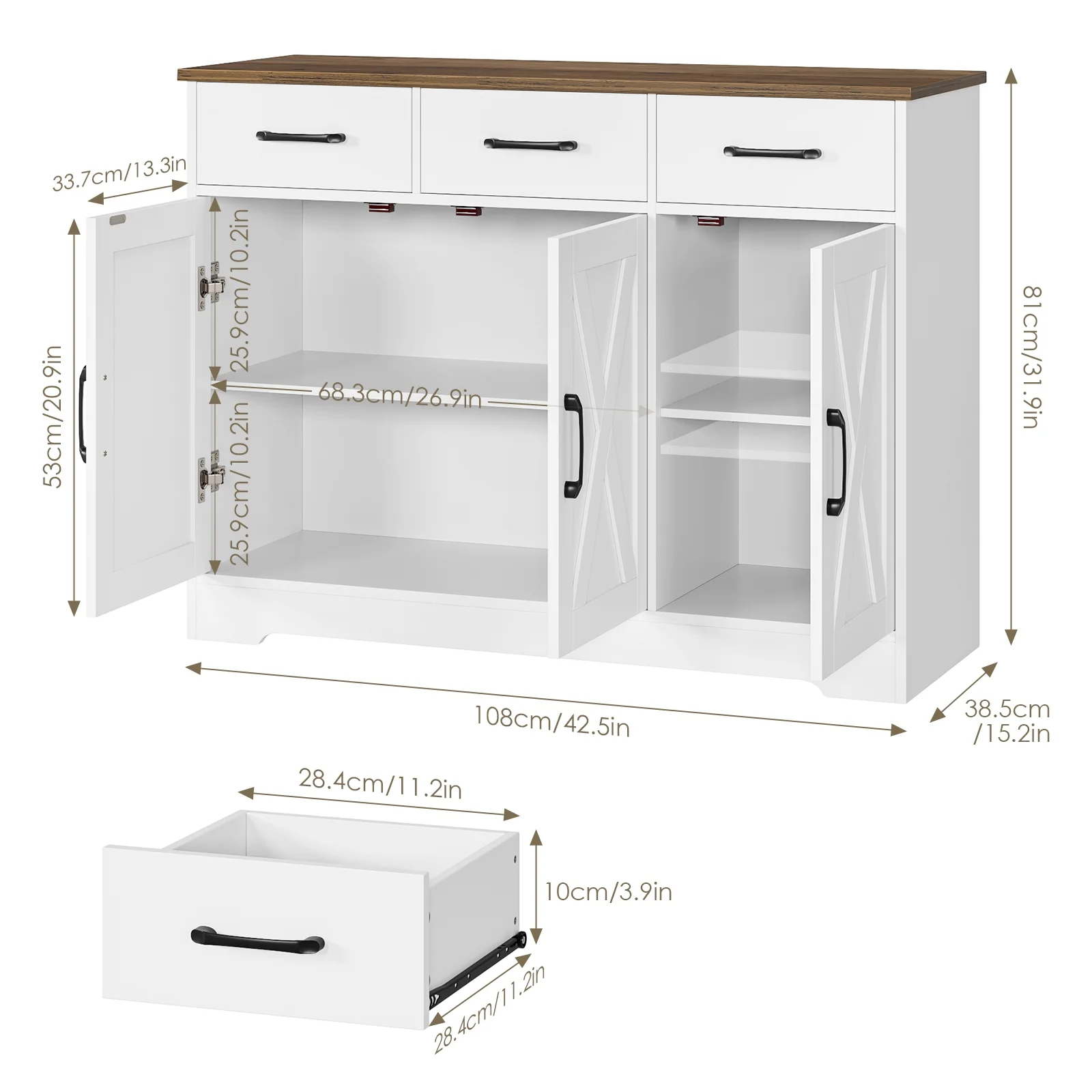 Homfa 42.5'' Kitchen Buffet Sideboard Cabinet, 3 Drawers Farmhouse Coffee Bar Storage Cabinet with Adjustable Shelf, White