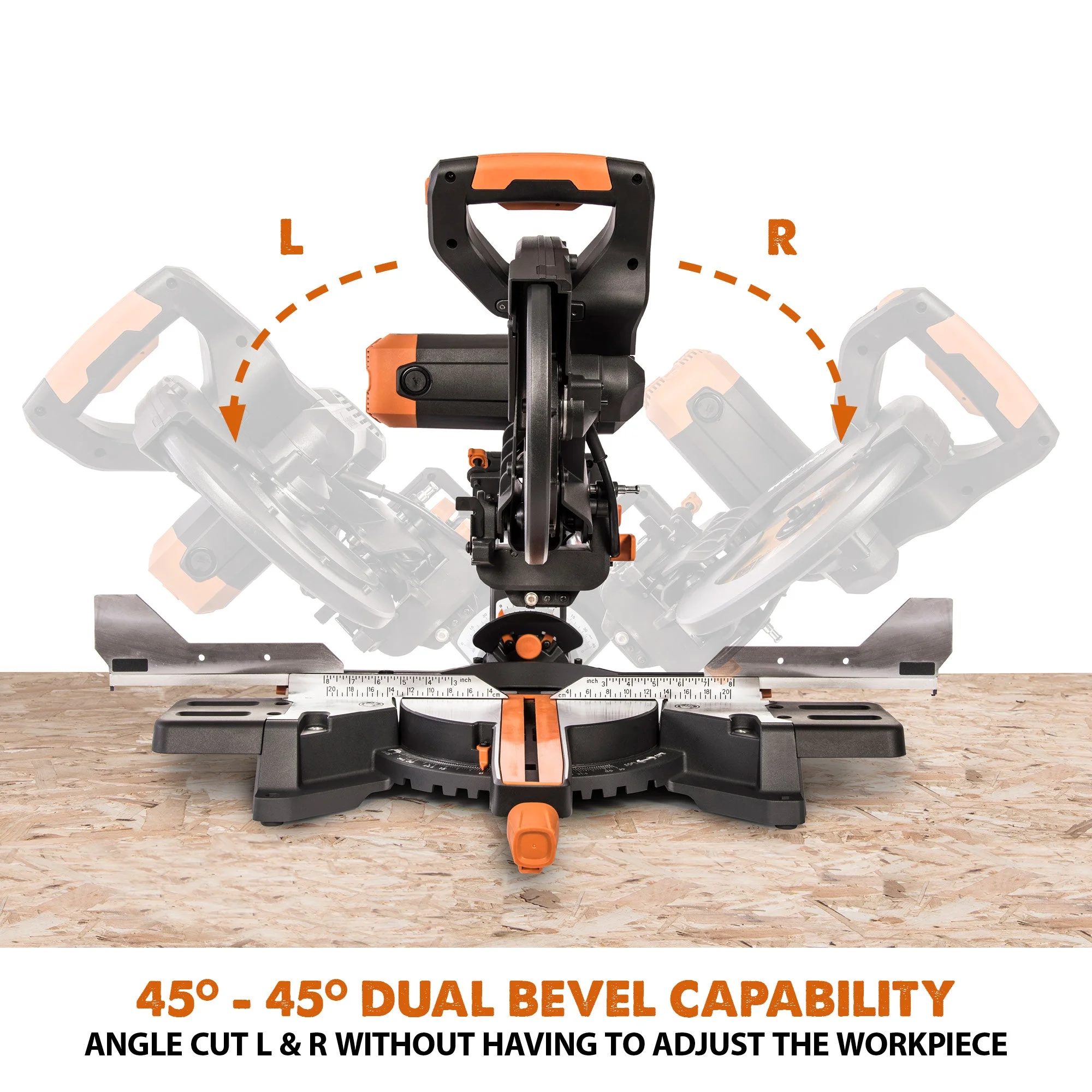 Evolution R255SMS-DB+: Dual Bevel Sliding Miter Saw With 10 in. Multi-Material Cutting Blade