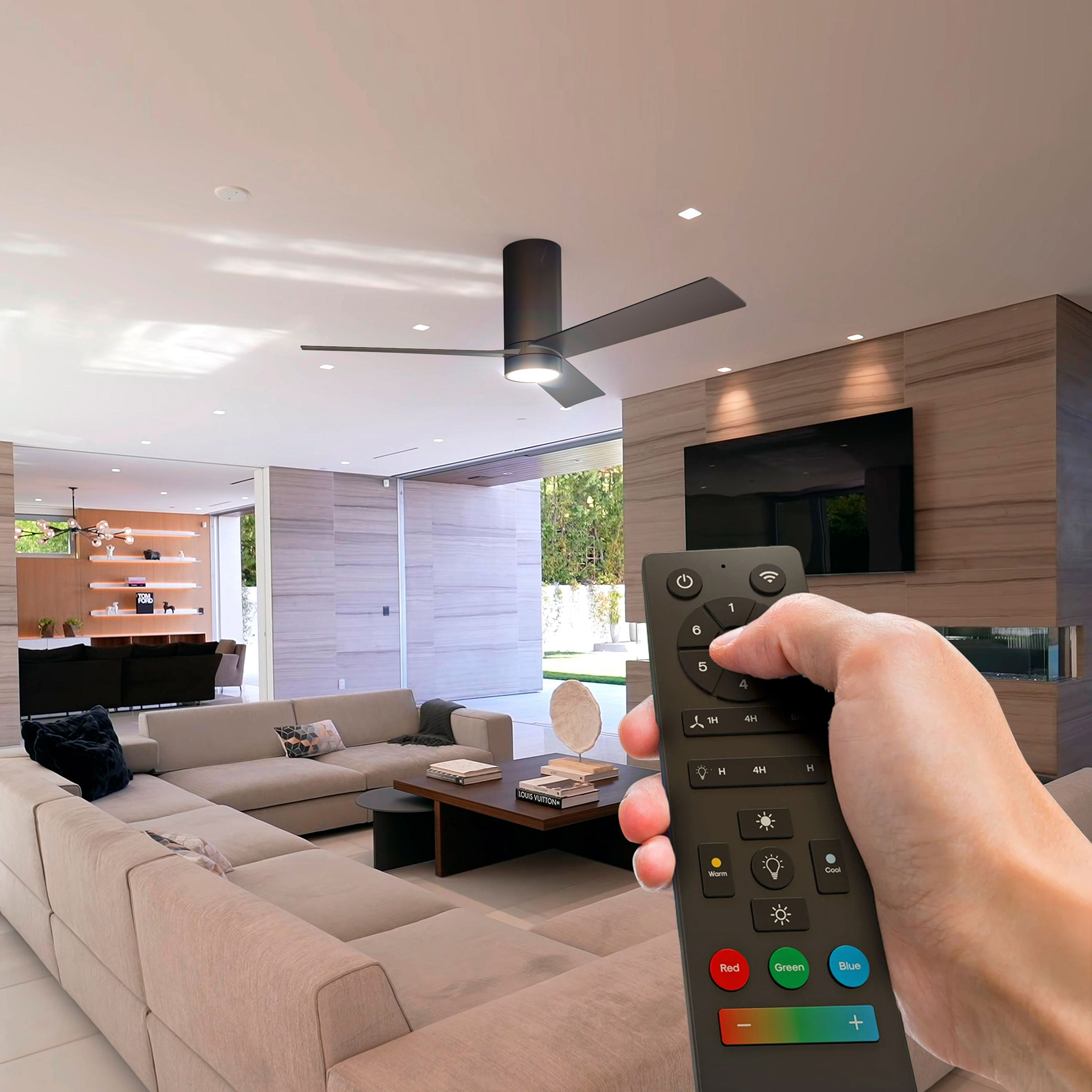 Atomi Smart Nouvo 3 Flush Mount 52' Wi-Fi Indoor Ceiling Fan with Color Changing Integrated LED Light and Remote