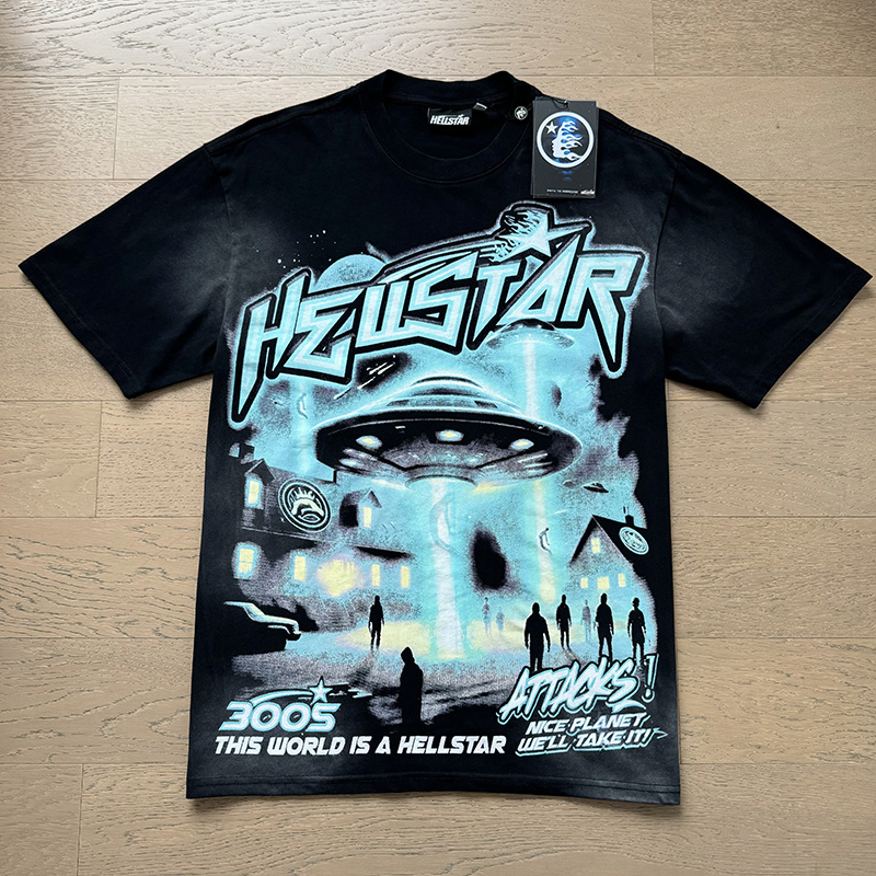 Washed vintage alien spaceship print short-sleeved T-shirt