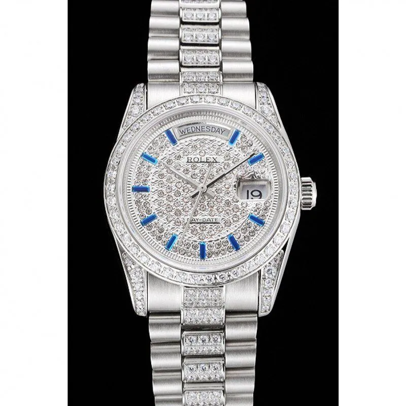 Swiss Rolex Day-Date Diamond Pave Dial And Bezel And Stainless Steel Bracelet