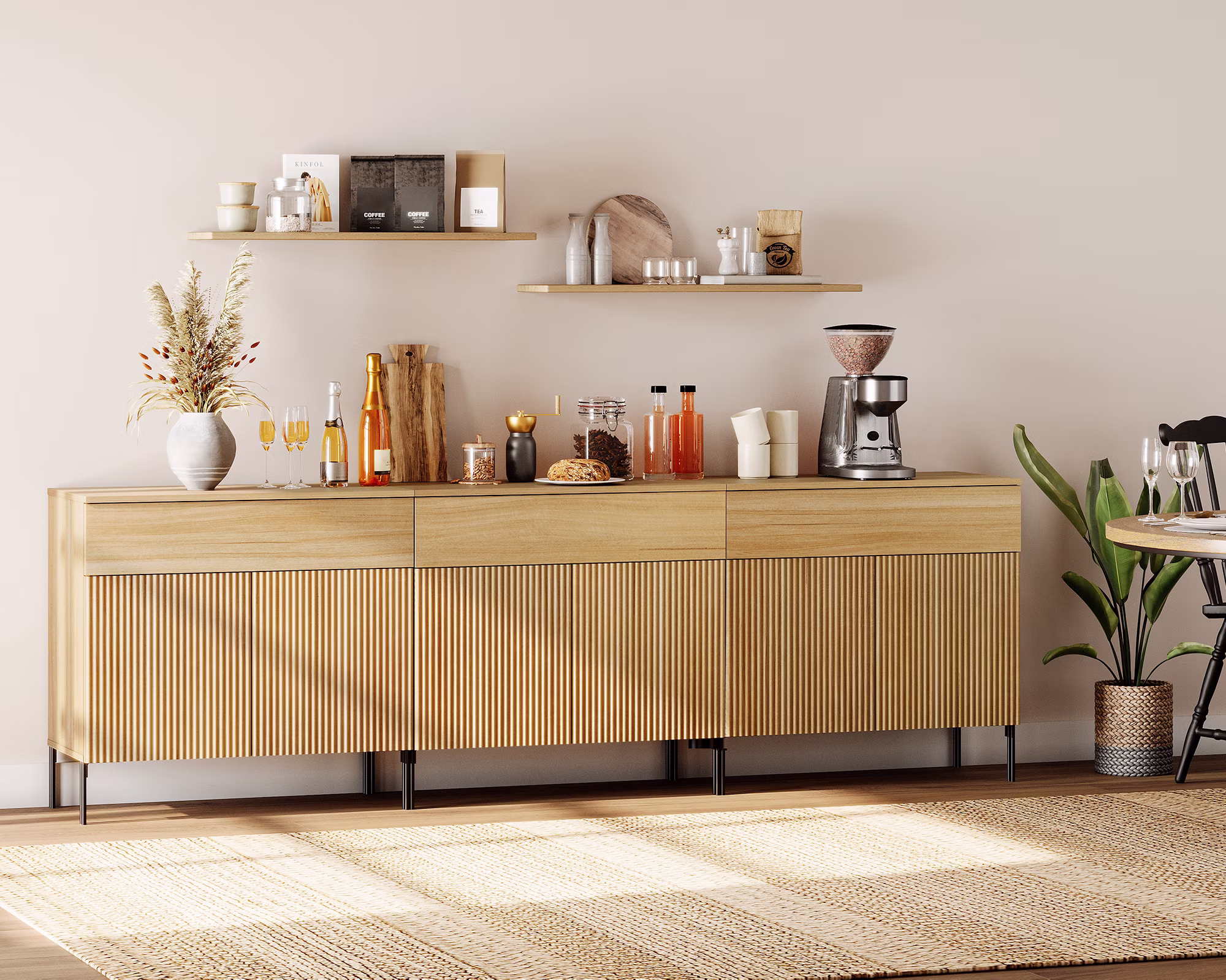 94.5 Wooden Reeded Sideboard with Doors and Drawers, 3-In-1 Modern Wide Credenza Storage Cabinet for Kitchen, Dining Room