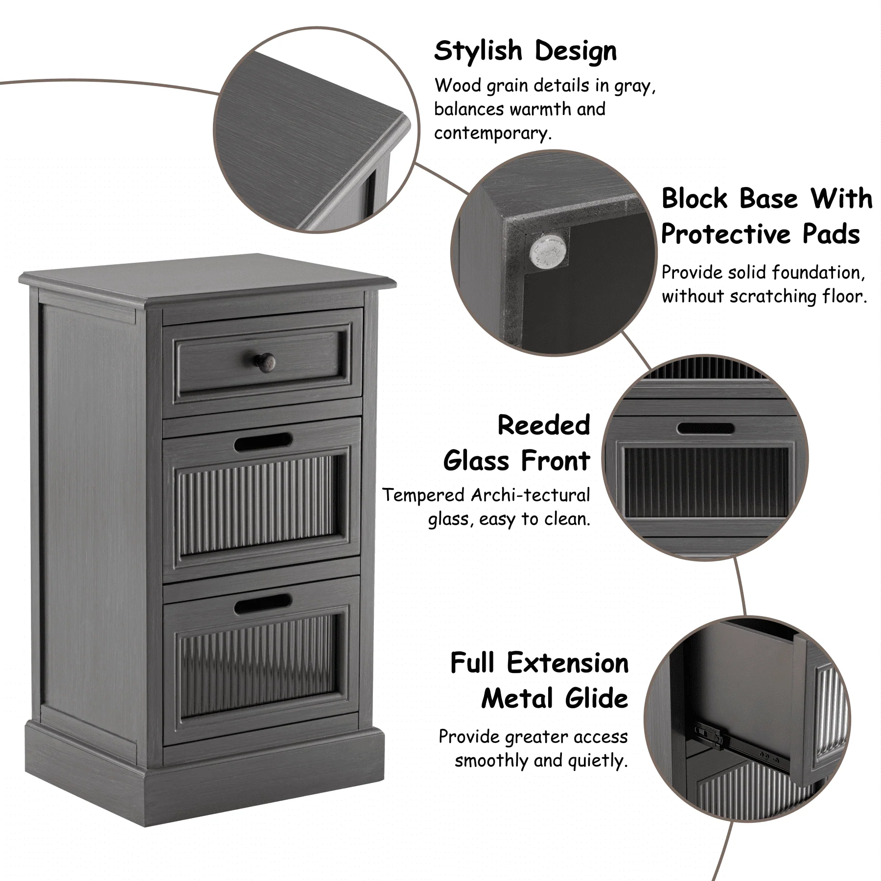 COZAYH Mid Century Modern Nightstand, Fully Assembled Nightstand with 3 Reeded Glass Front Drawers, Distressed Gray Nightstand with Antique Brass Knob and Metal Glide, 27.5?Tall