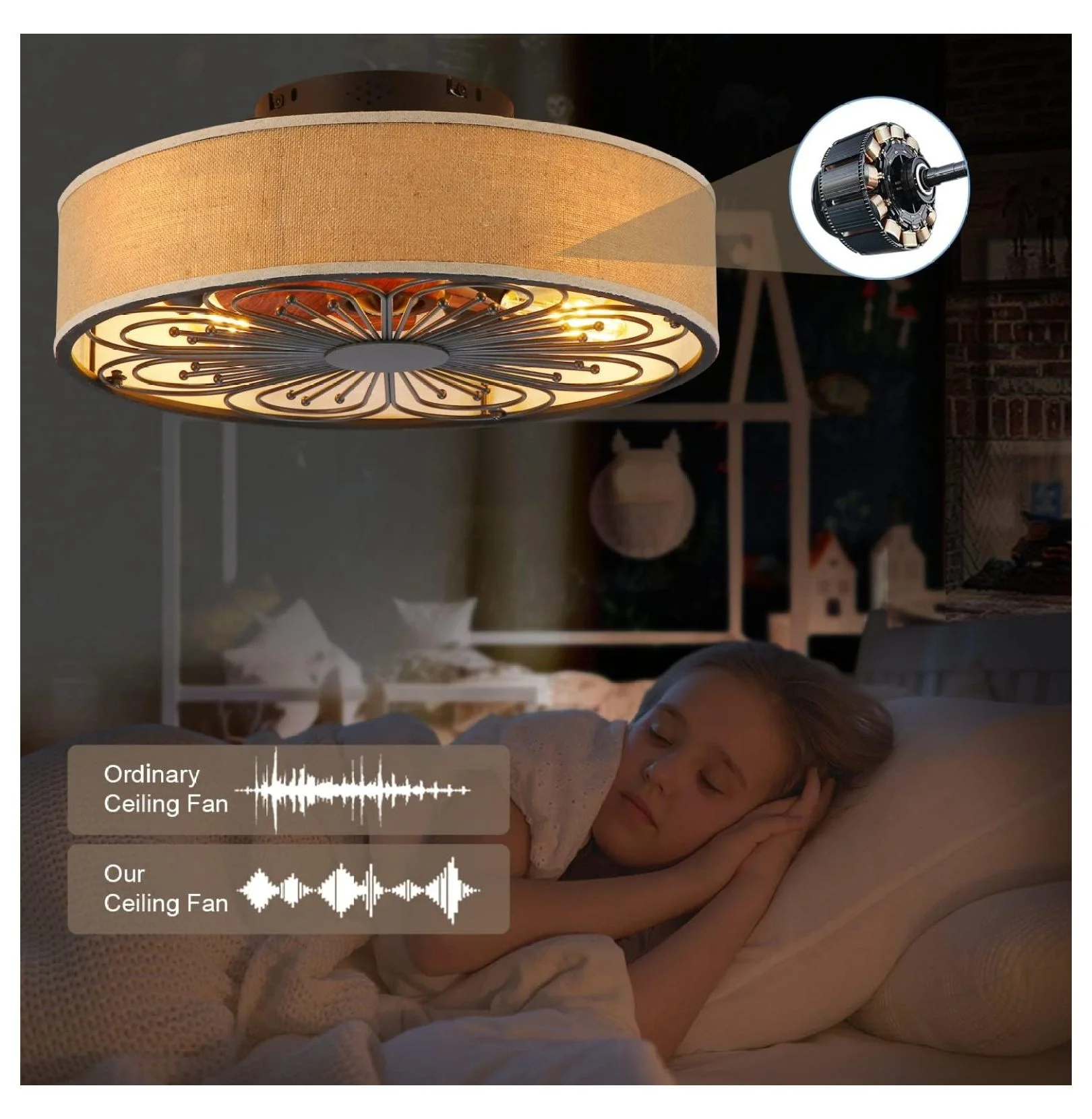 Caged Ceiling Fans with Lights Flush Mount,Low Profile Ceiling Fan with ,20 Inch Farmhouse White Ceiling Fan for Bedroom,6 Speeds Reversible Silent Fandalier (Bulb Not Included)