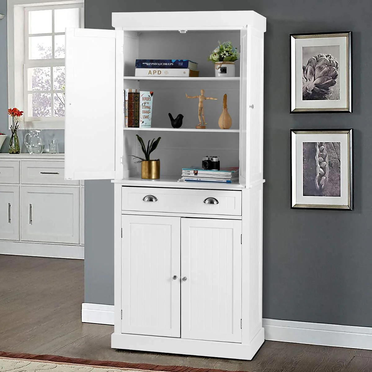 Yoleny Kitchen Pantry, 72?Freestanding Storage Cabinets with Doors and Shelves, Elegant Colonial Design Cabinet Cupboard, White