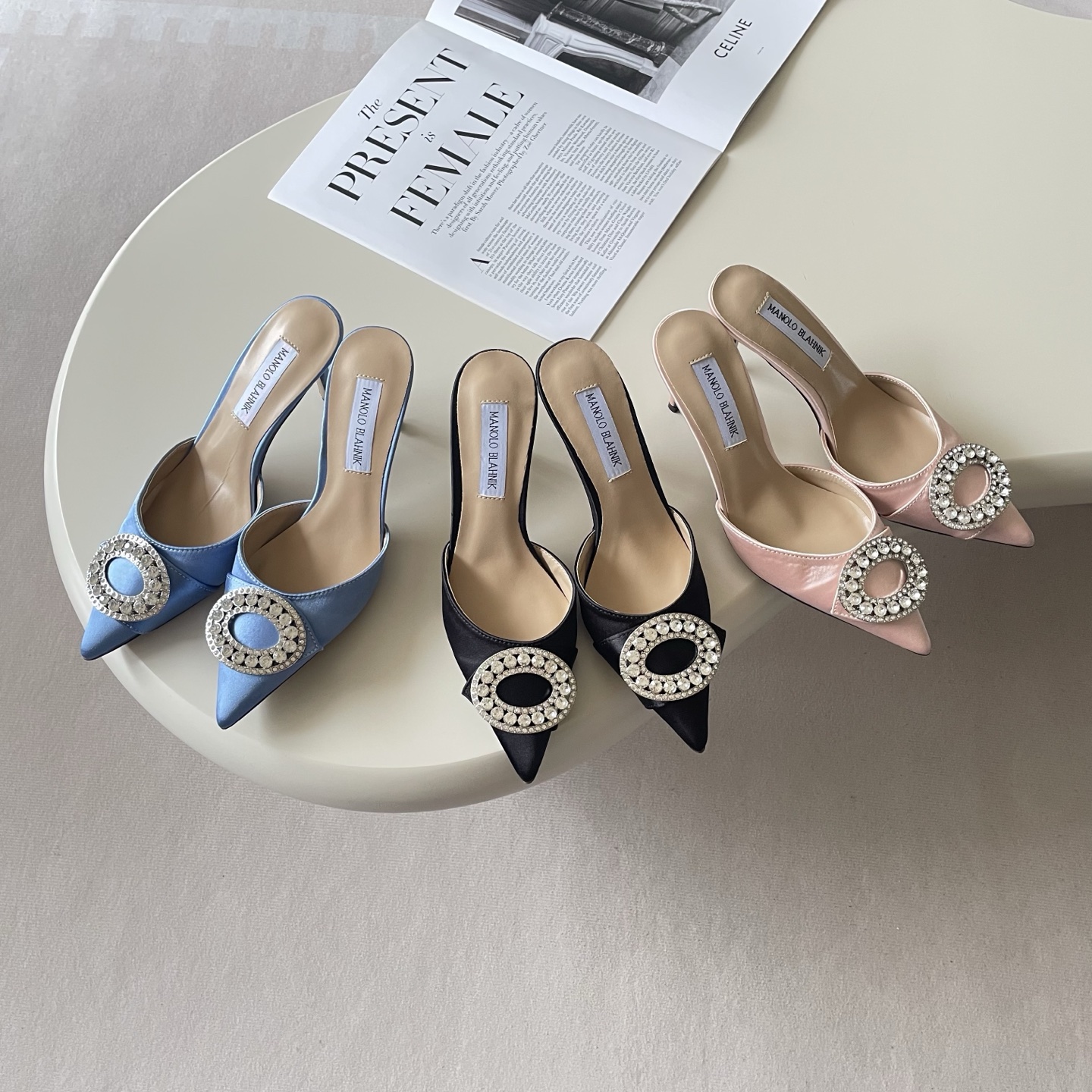 Manolo Blahnik Hangisi Crystal-Buckle Satin Mules