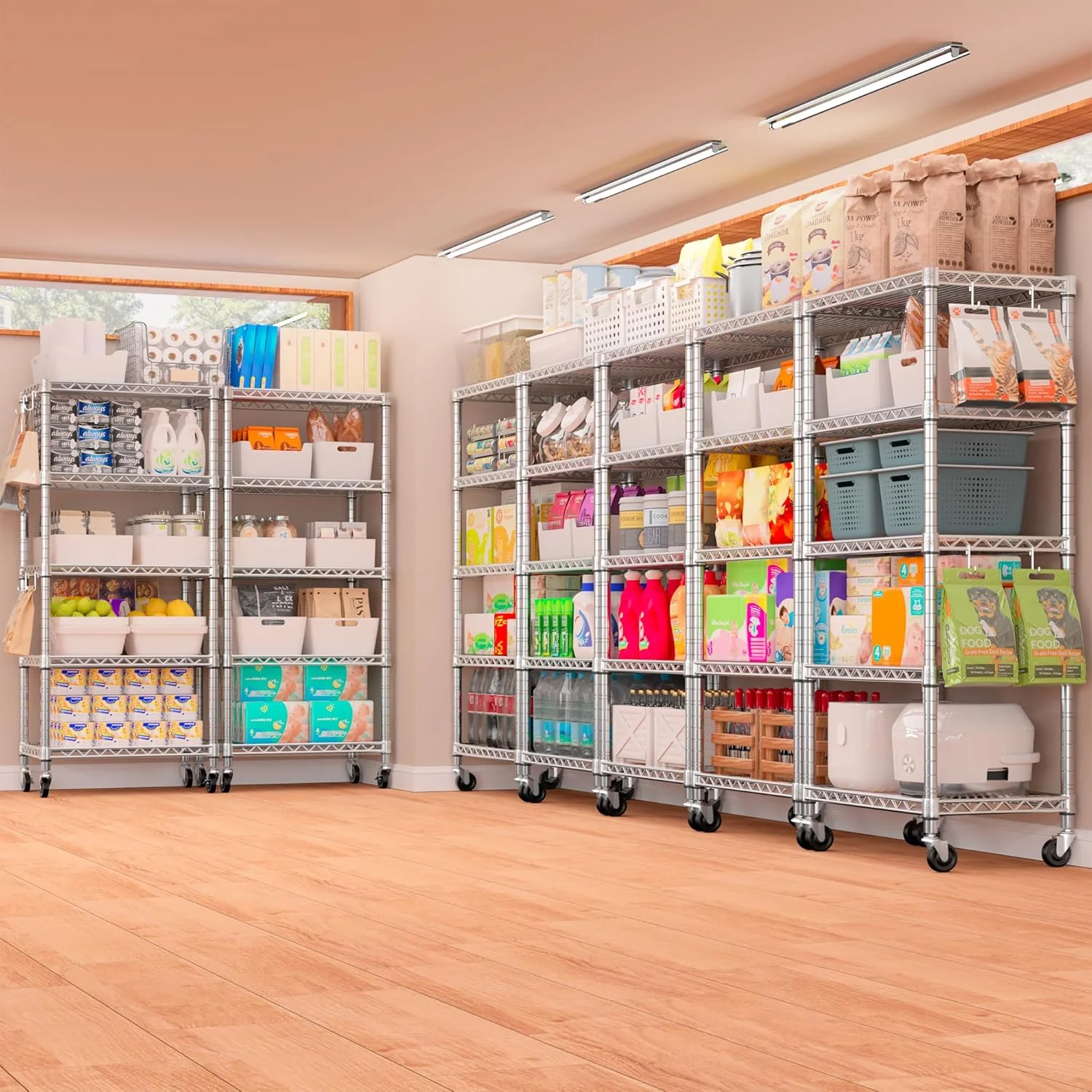 PrimeZone 75" H Wire Shelving 5 Tier Slim Steel Storage Metal Shelves with Wheels,Adjustable Kitchen Utility Shelving Unit,Pantry Rack Rolling Metal Shelf Chrome 24" Wx18 Dx75 H