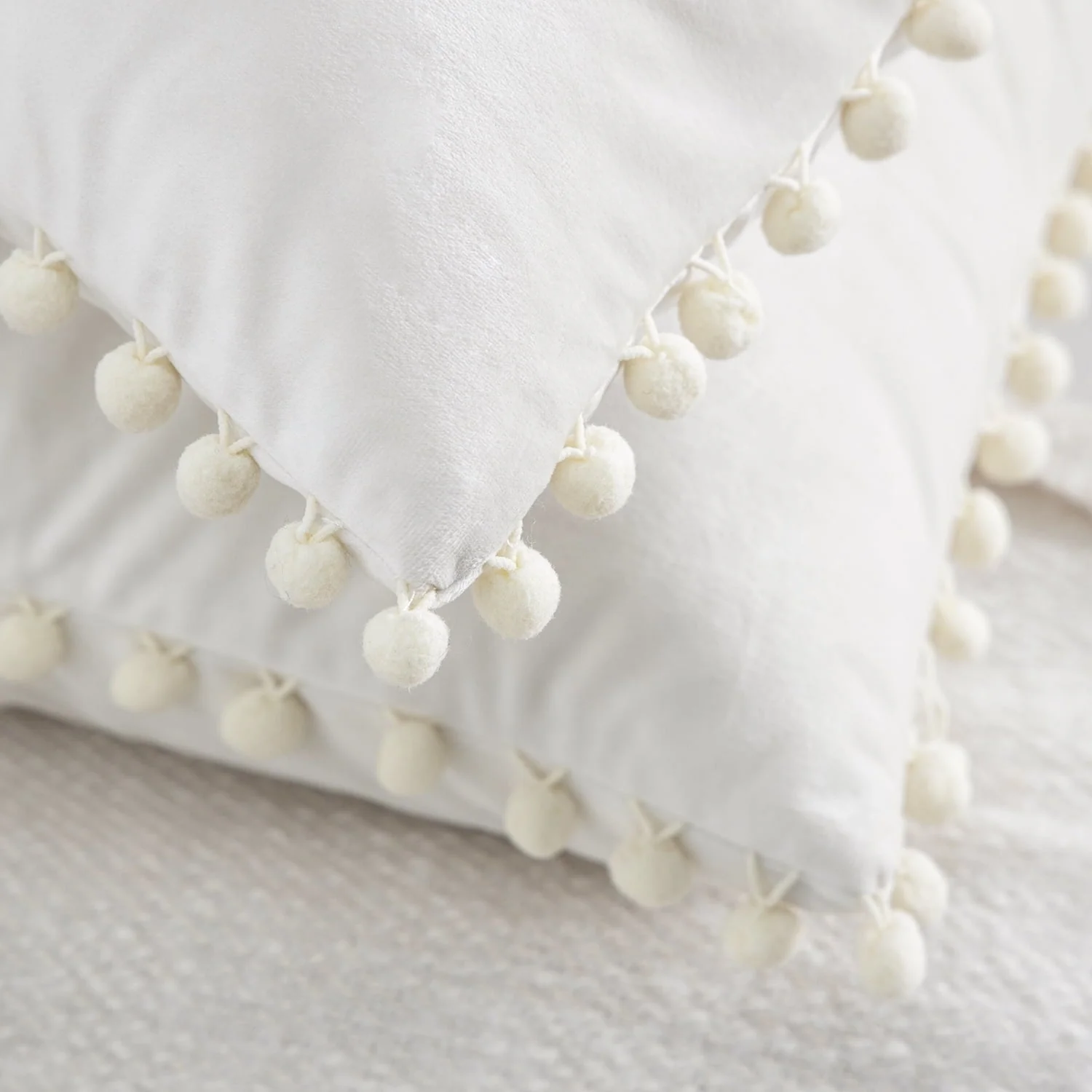 Phantoscope Throw Pillow with Insert，Silky Velvet Series Pom Pom Decorative pillow, 18" x 18", Off White, 2 Pack