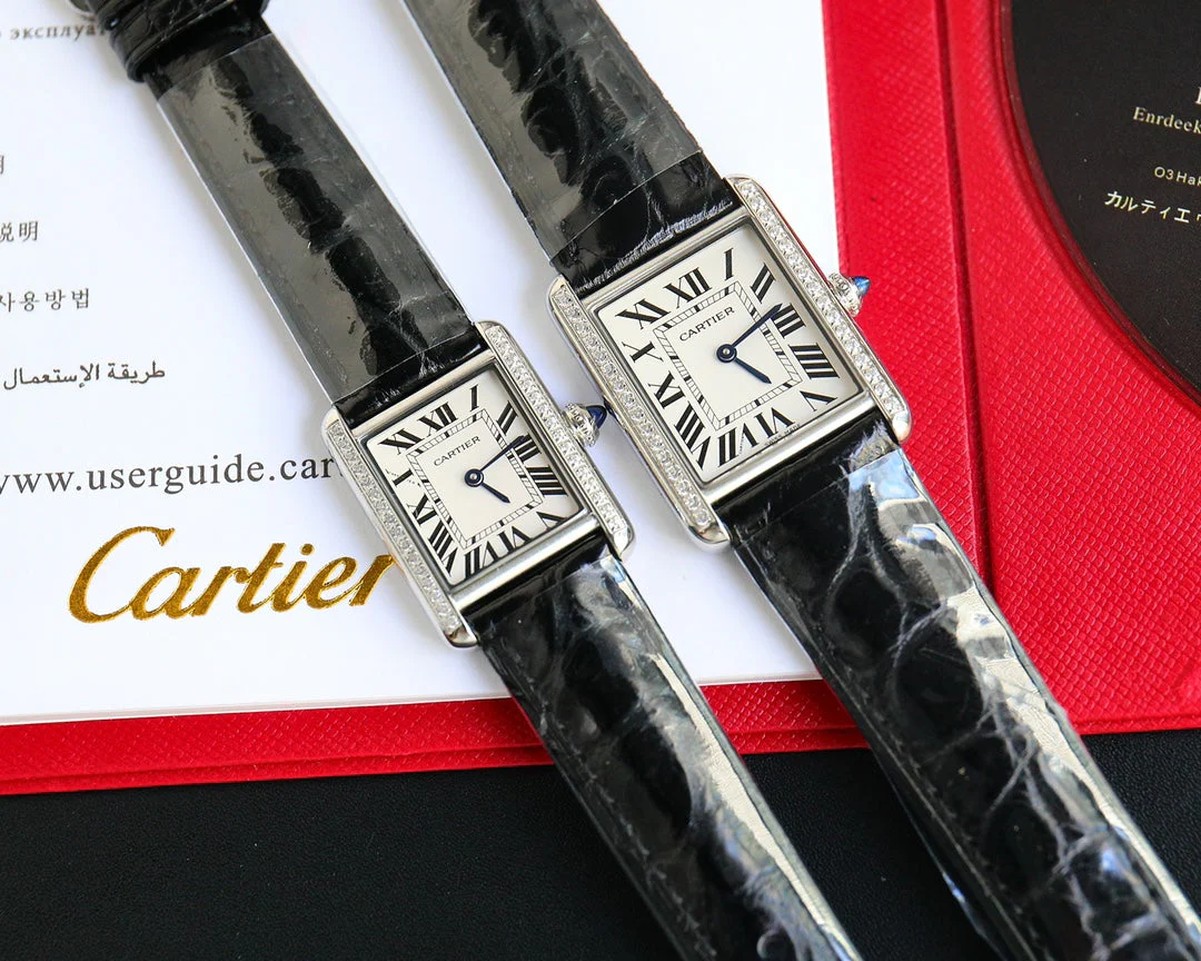 Cartier Watch TANK MUST SMALL STEEL DIAMOND BEZEL LEATHER STRAP EWHITE DIAL