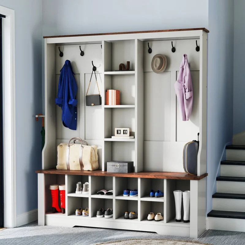 Uforic Large White Hall Tree with Shoe Storage, Coat Rack with Bench for Entryway, Adjustable Shelf