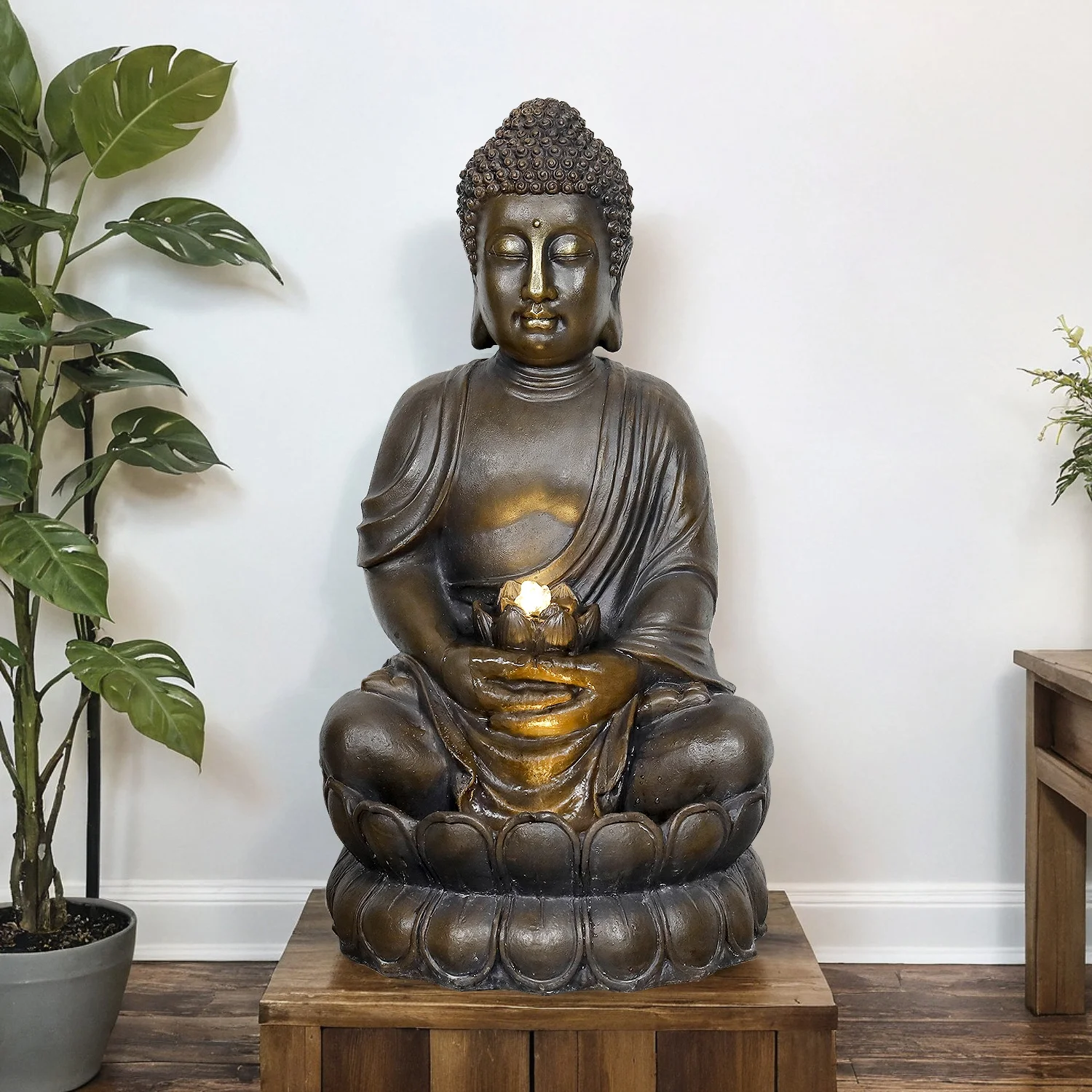 33" H Buddha Outdoor Water Fountain with LED Lights and Pump,Zen Style Relaxing Garden Fountain Waterfall for Patio, Porch and Yard Decor