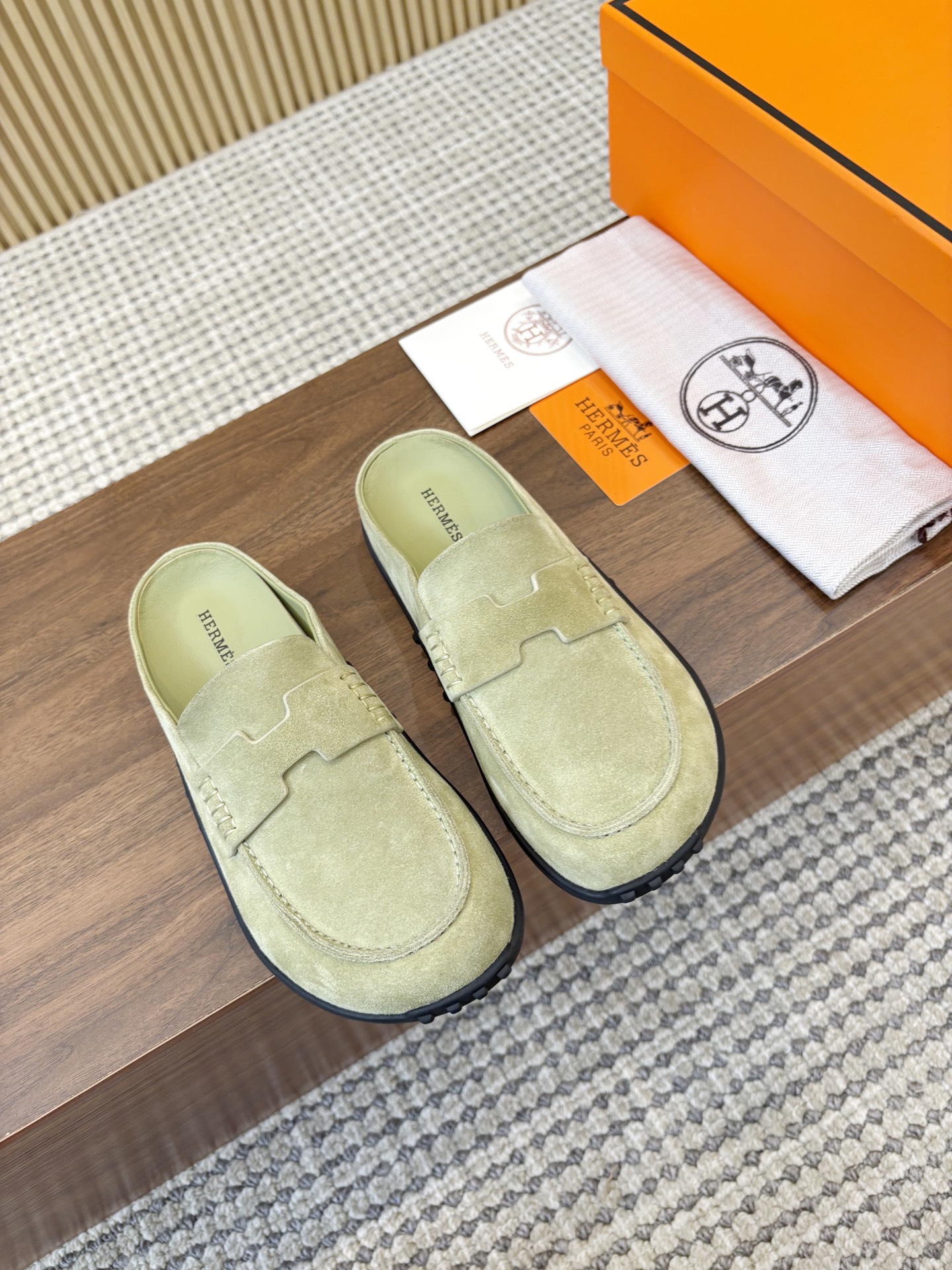 Hermès Vert d'Eau H Cut-Out Suede Leather Go Loafer Mules