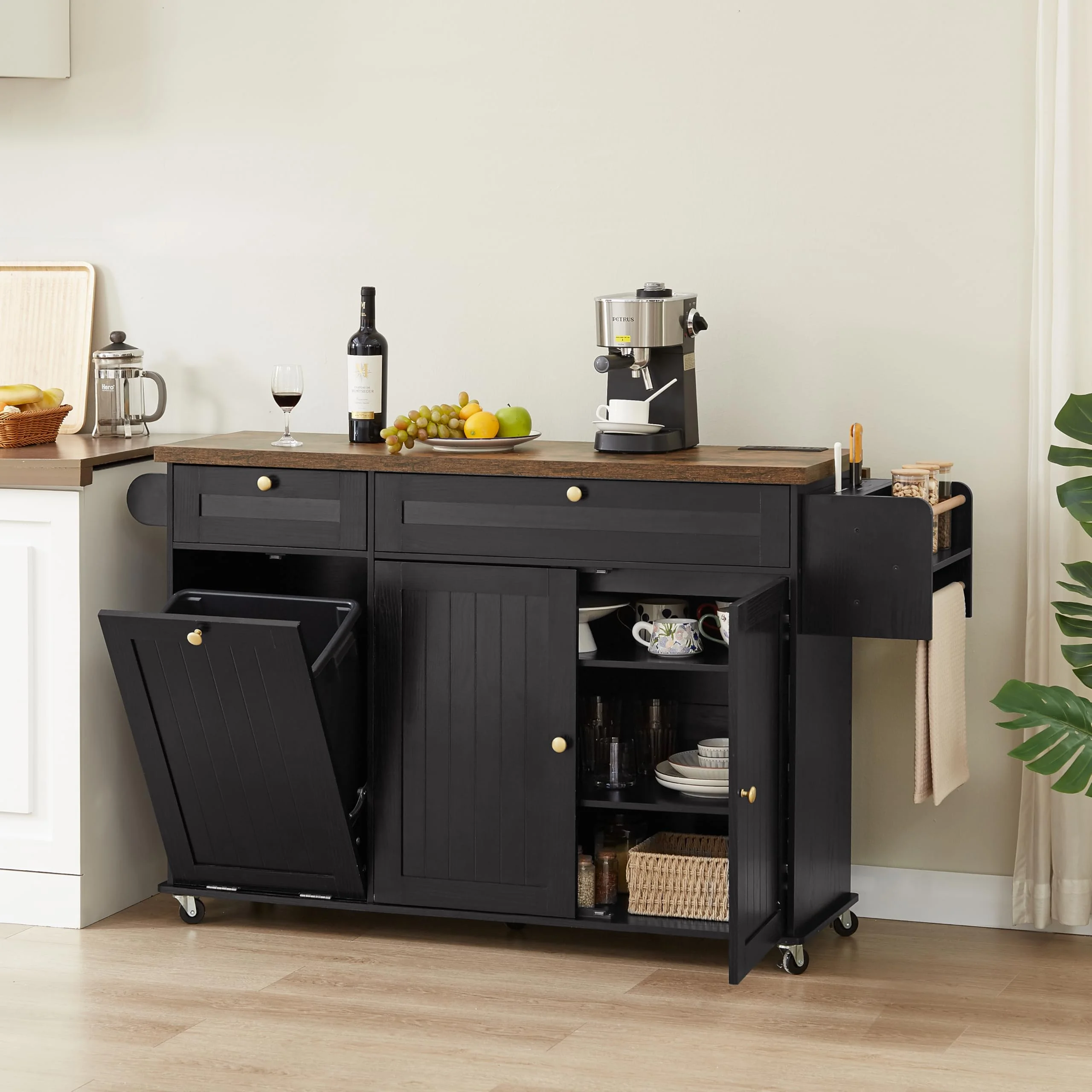Onbrill Kitchen Island w/Outlet&Towel Rack, 60" Kitchen Storage Cart w/Foldable Countertop, Black