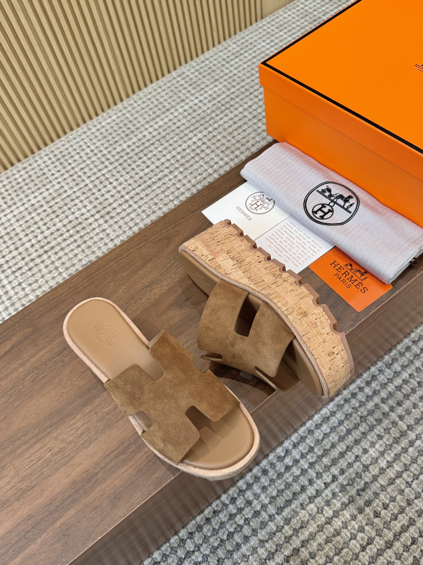 Hermes Brown Suede Leather H-Cutout Cork Sole Slide Sandal