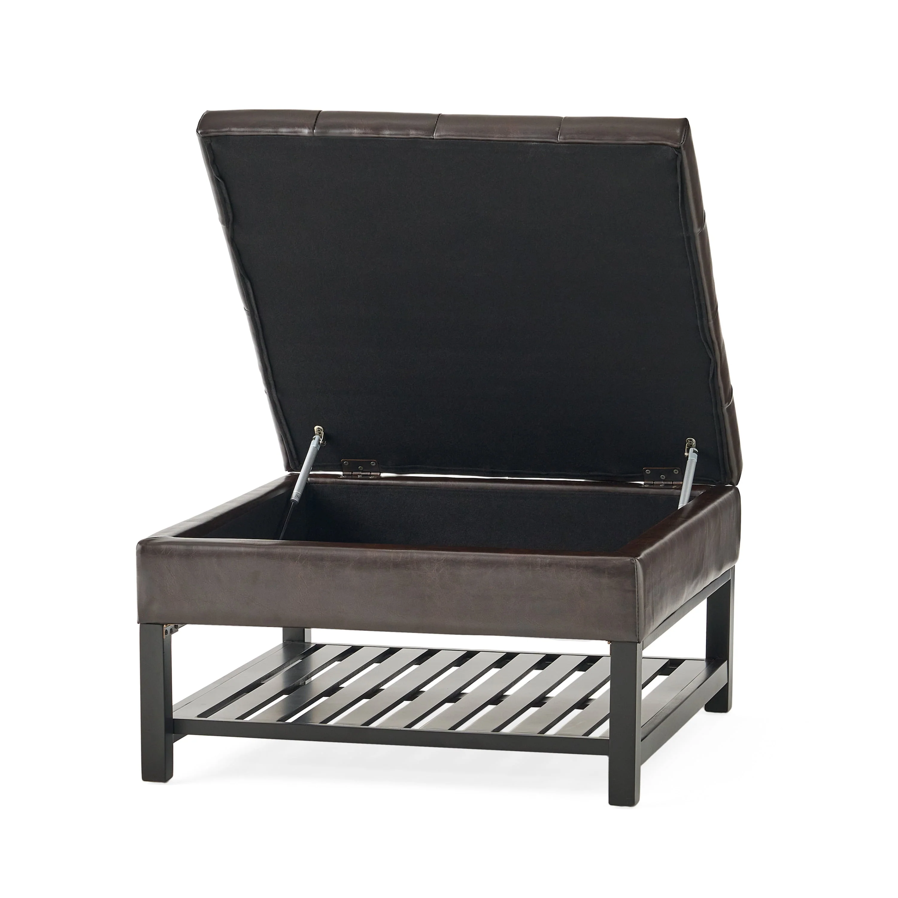 GDF Studio Kilbourne Contemporary Bonded Leather Tufted Storage Ottoman with Shelf, Brown and Dark Brown