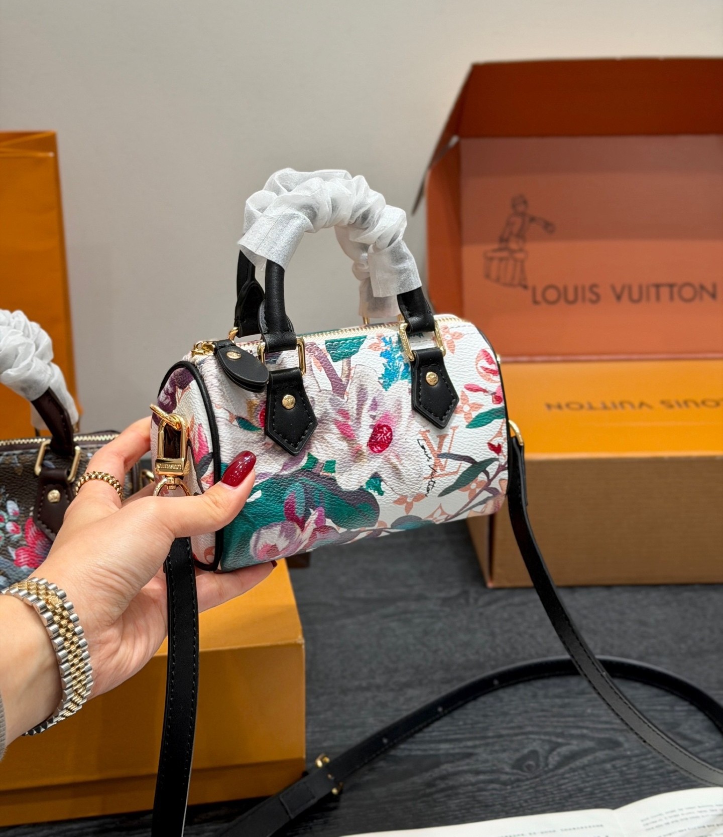 LV Nano Speedy 16 Monogram Tapestry Floral Multicolor Boston Top Handle Bag