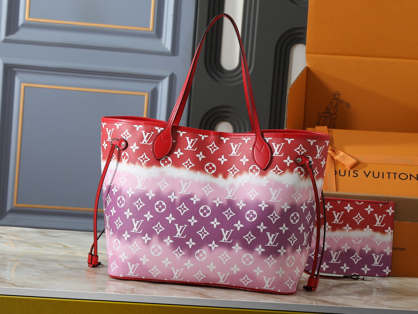 LV Neverfull MM Escale Red Pink Monogram Canvas Leather Tote Shoulder Bag With Pouch