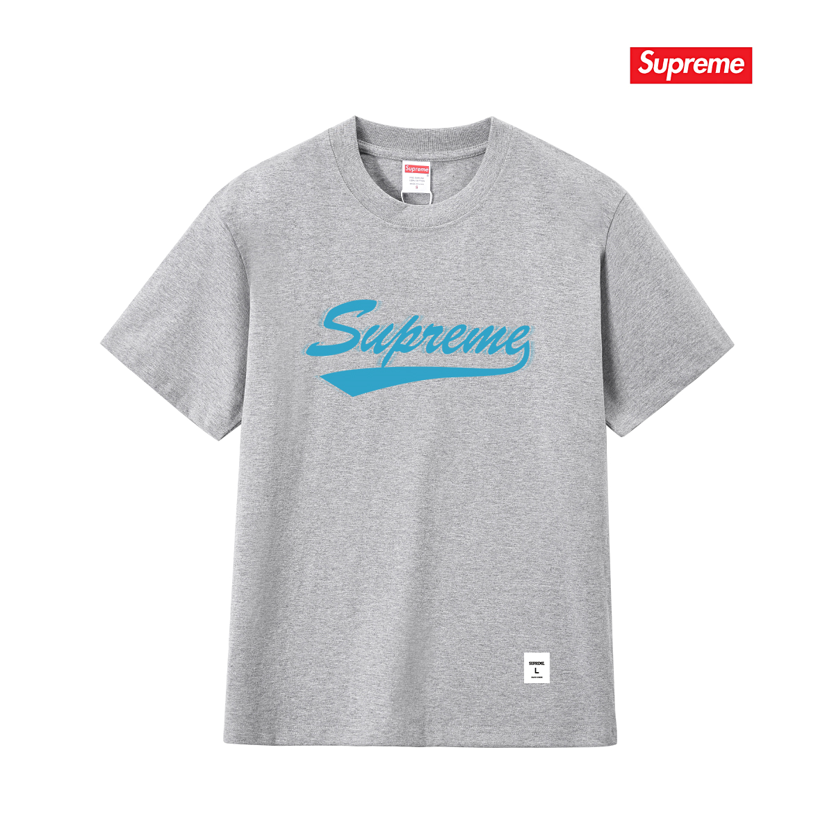 Short-sleeved T-shirt with a logo printed in a continuous style on a gray background