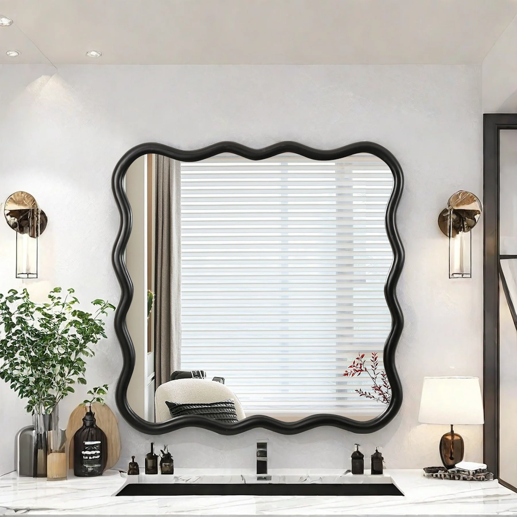 Dasun Solid Wood Wavy Square Mirror-Black 36" x 36" Modern Mirror Wall Decor for Bathroom, Bedroom, Living Room, Dining Room, Cloakroom, Entryway