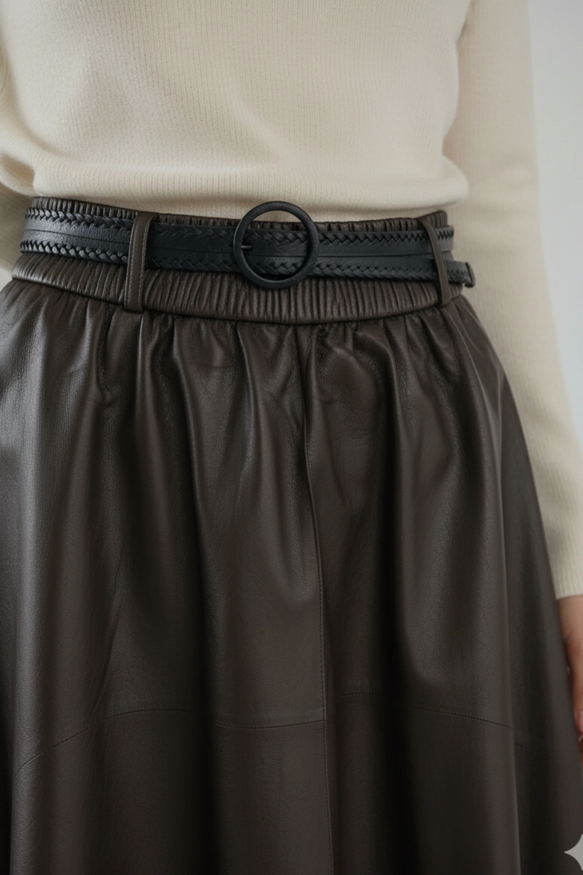 Espresso Belted Faux Leather Skirt